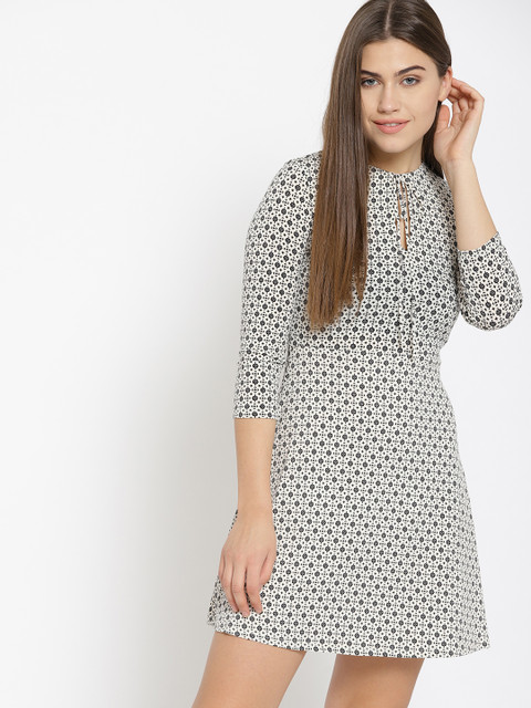 

MANGO Women Off-White & Black Printed A-Line Dress