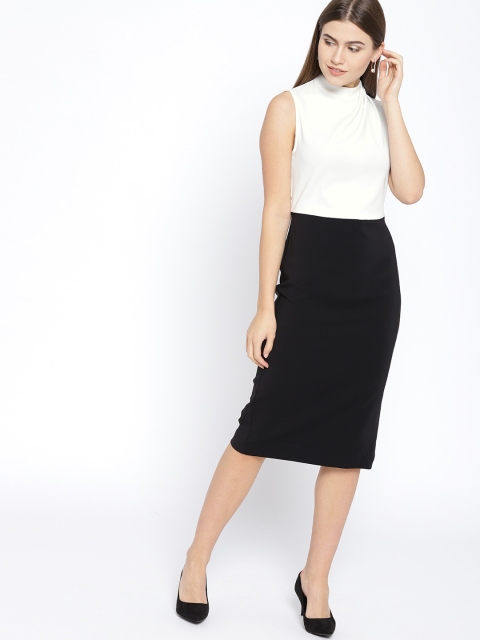 

MANGO Women White & Black Colourblocked Midi Sheath Dress