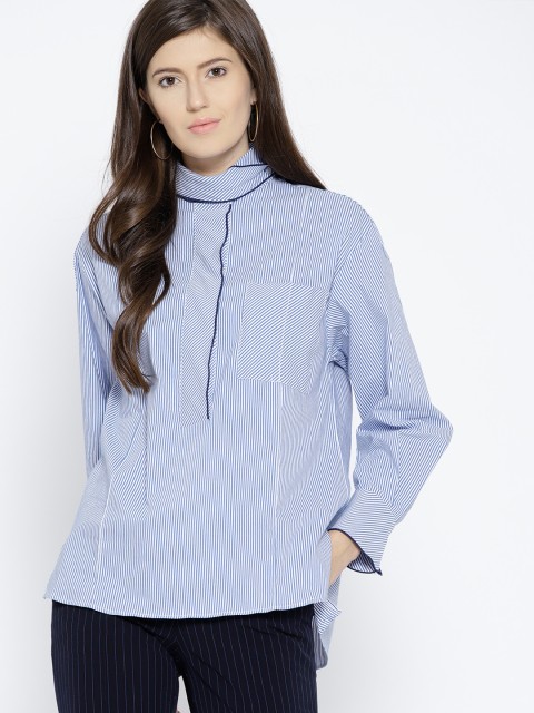 

MANGO Women Blue & White Striped Shirt Style Top