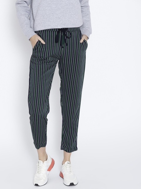 

MANGO Women Navy Blue & Green Regular Fit Striped Trousers