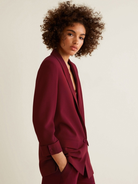 

MANGO Women Maroon Solid Single-Breasted Formal Blazer