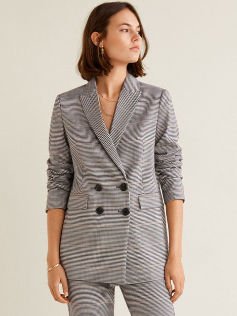 

MANGO Women Black & White Checked Double-Breasted Casual Blazer