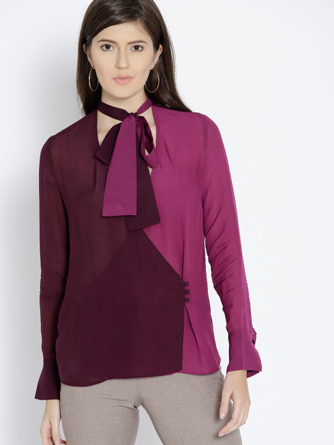 

MANGO Women Burgundy & Pink Semi Sheer Colourblocked Wrap Top
