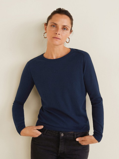 

MANGO Women Navy Blue Solid Pullover Sweater