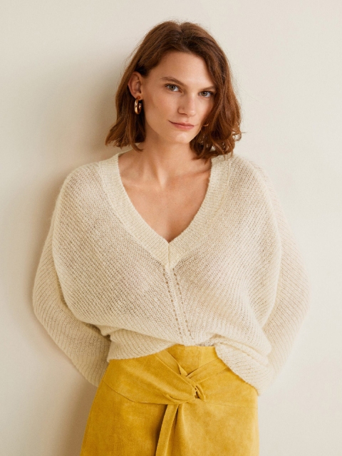 

MANGO Women White Solid Pullover