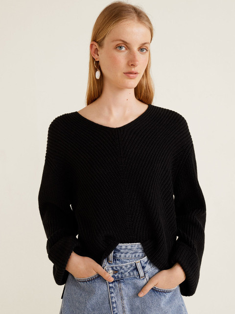 

MANGO Women Black Self-Striped Sweater