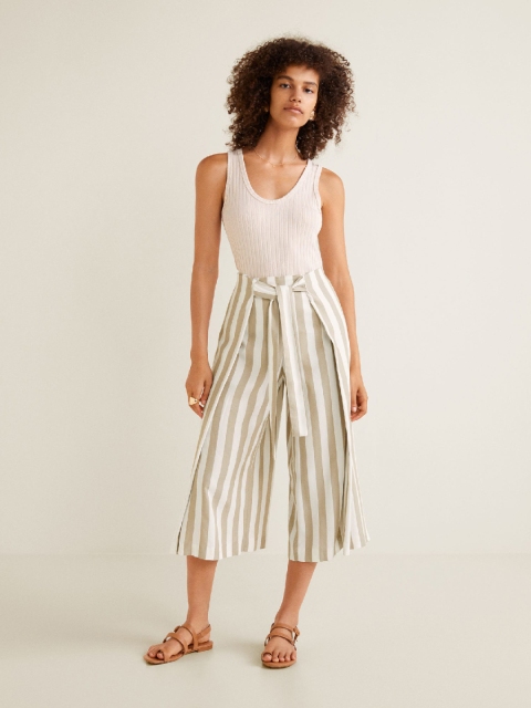 

MANGO Women White & Beige Regular Fit Striped Culottes