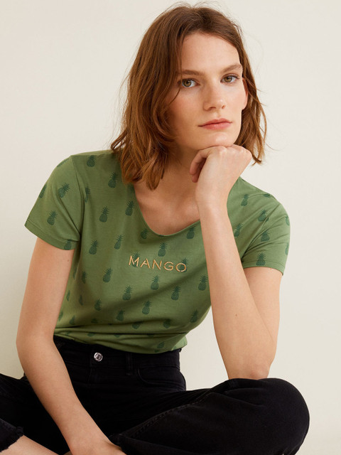 

MANGO Women Green Printed Round Neck T-shirt