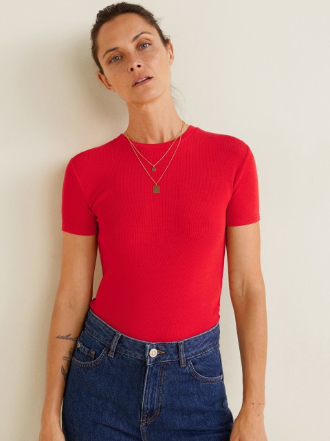 

MANGO Women Red Solid Fitted Round Neck T-shirt