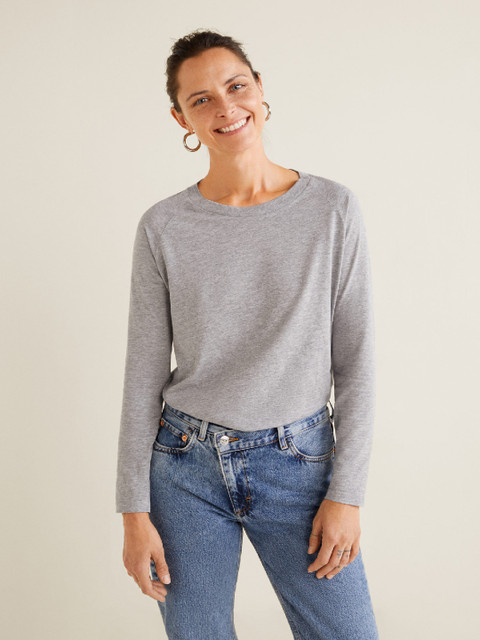 

MANGO Women Grey Melange Solid Round Neck T-shirt