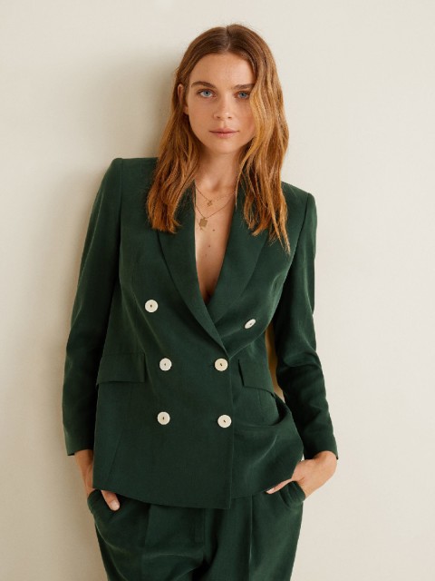 

MANGO Women Green Solid Double-Breasted Blazer, Gold