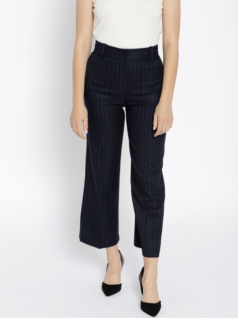 

MANGO Women Navy Blue Regular Fit Striped Parallel Trousers