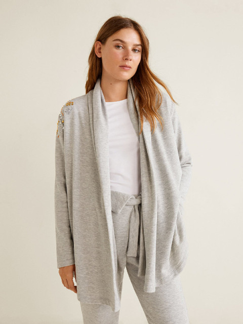 

MANGO Women Grey Melange Solid Front-Open Sweater