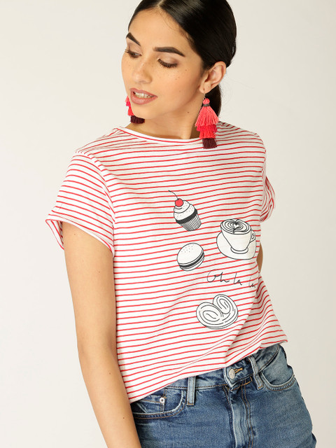 

MANGO Women White & Red Striped Round Neck T-shirt