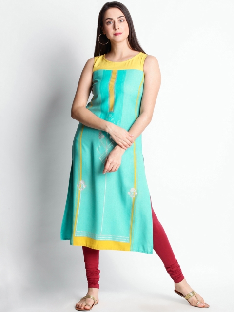 

RANGMANCH BY PANTALOONS Women Turquoise Blue & Yellow Printed Straight Kurta