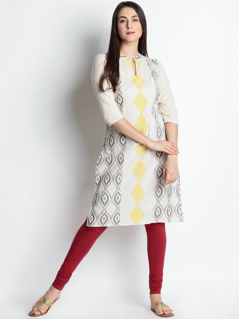 

RANGMANCH BY PANTALOONS Women White & Grey Printed Straight Kurta