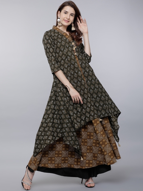 

Vishudh Women Olive Green & Brown Printed A-Line Asymmetric Kurta