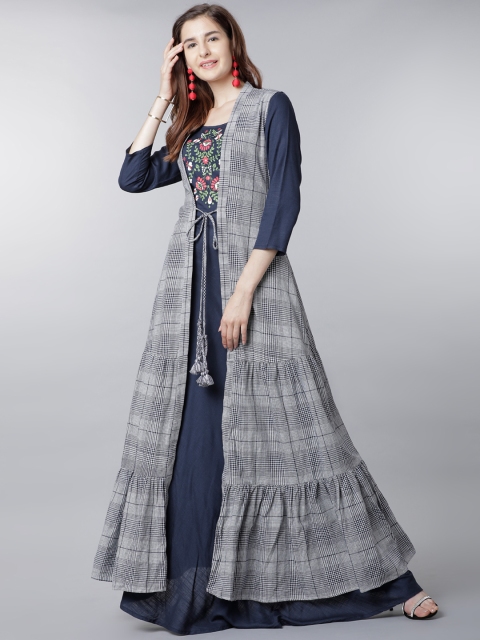 

Vishudh Women Navy Blue & White Checked Kurta With Jacket