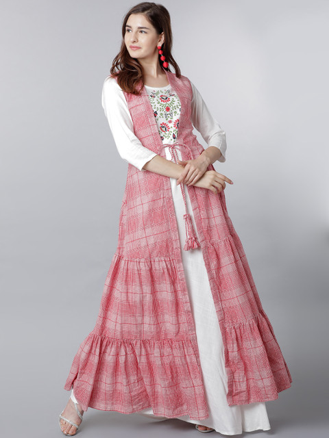 

Vishudh Women Red & White Checked Kurta With Jacket