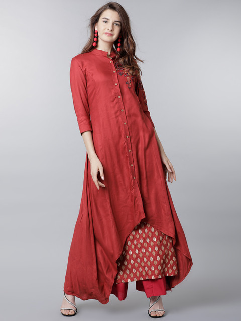 

Vishudh Women Maroon Embroidered Kurta with Jacket