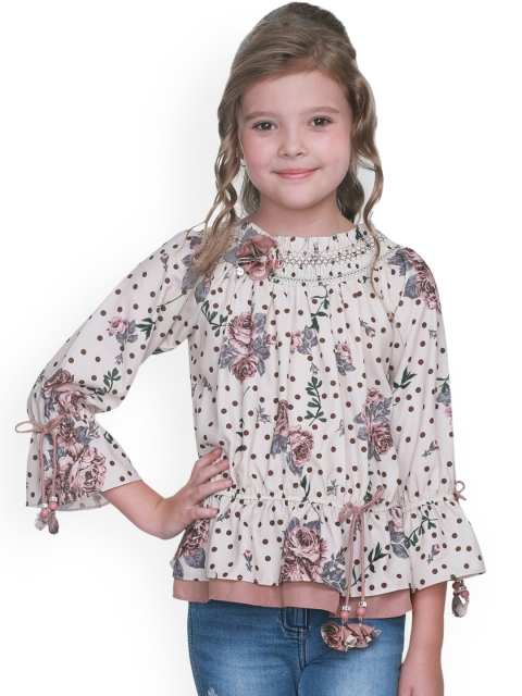 

CUTECUMBER Girls Beige & Brown Printed Cinched Waist Top