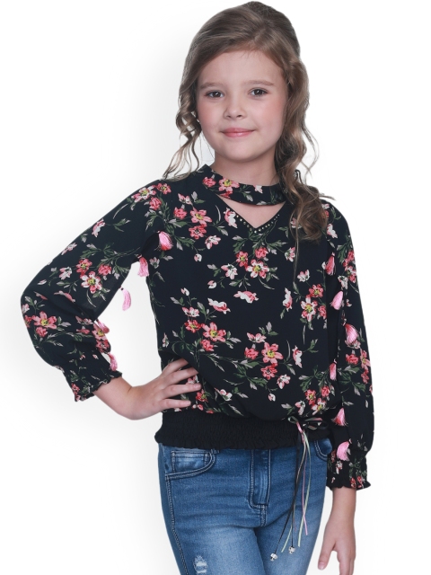 

CUTECUMBER Girls Black & Green Printed Blouson Top