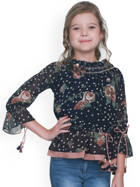 

CUTECUMBER Girls Navy Blue Printed Cinched Waist Top