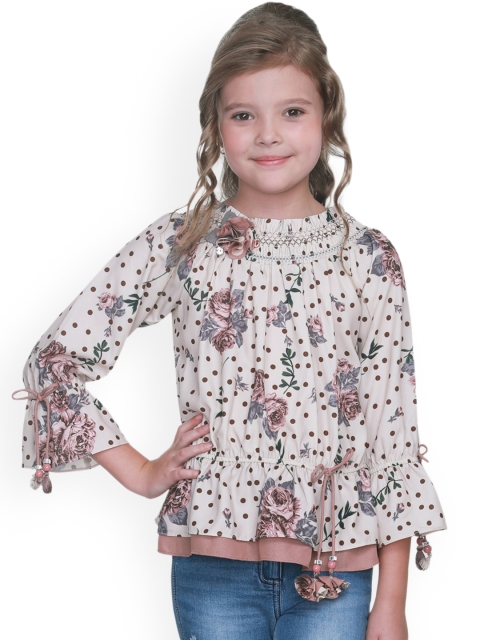 

CUTECUMBER Girls Beige & Brown Printed Cinched Waist Top