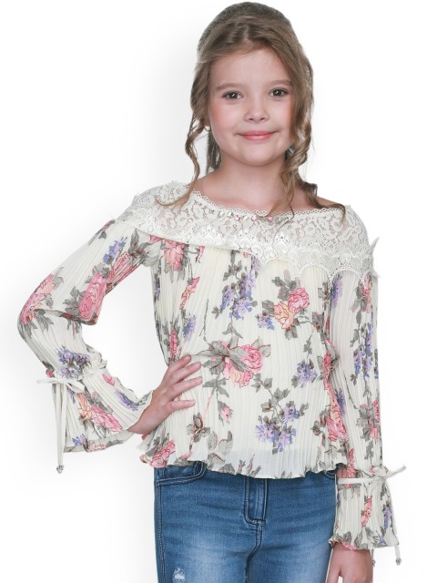 

CUTECUMBER Girls Cream-Coloured Self Design Cape Top