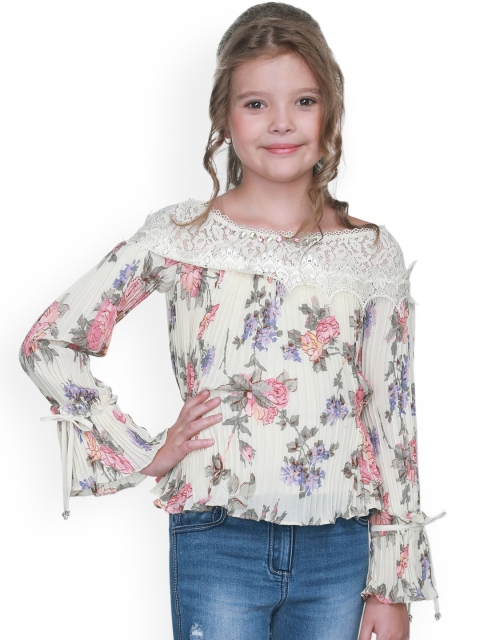 

CUTECUMBER Girls Cream-Coloured Self Design Cape Top