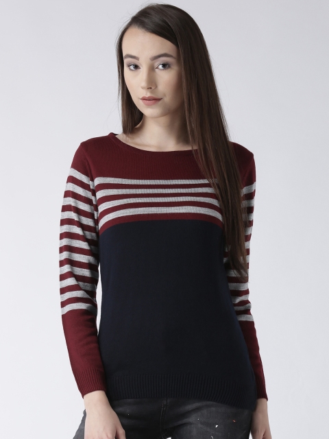 

Club York Women Navy Blue & Maroon Striped Sweater Vest
