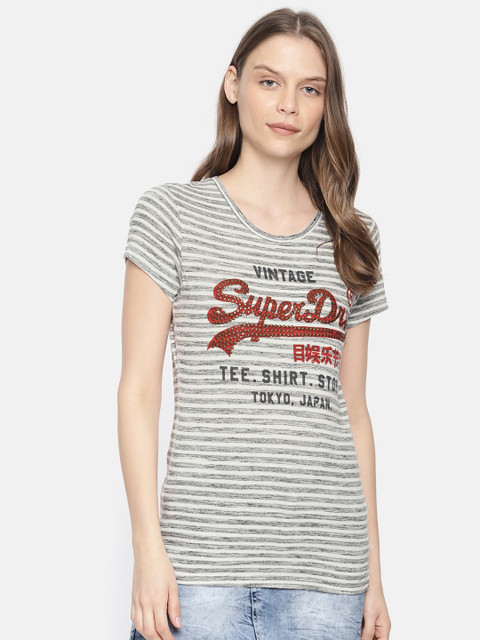 

Superdry Women Grey & Off White Striped Round Neck T-shirt