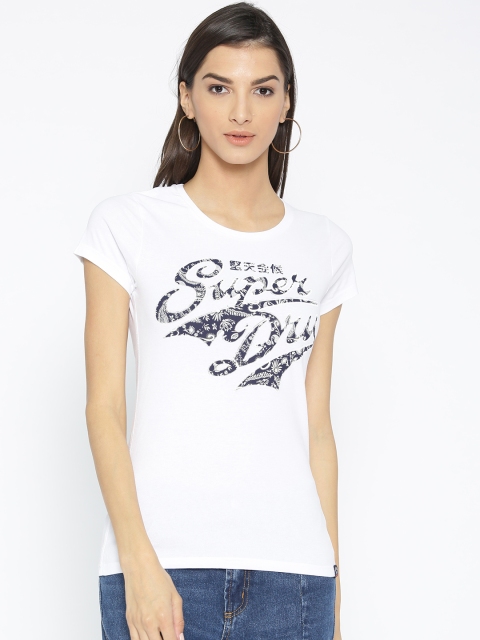 

Superdry Women White & Navy Blue Printed Round Neck T-shirt