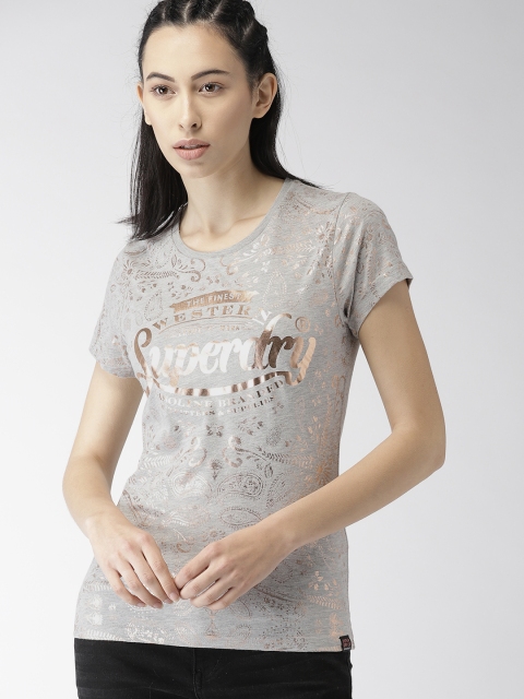 

Superdry Women Grey Melange Printed Round Neck T-shirt