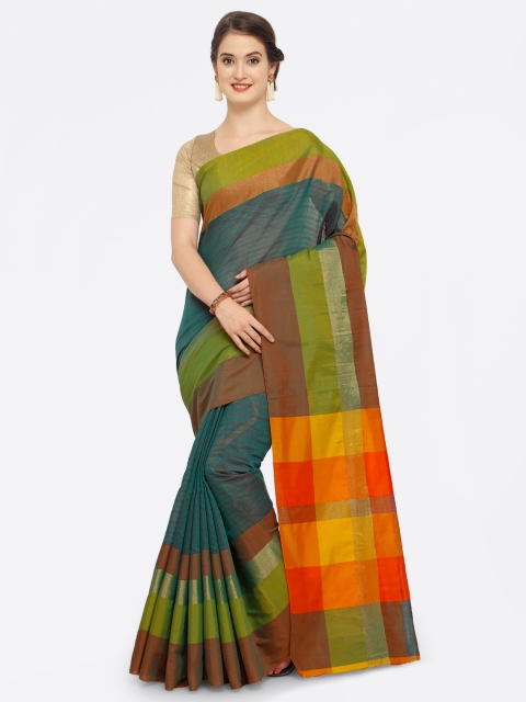 

Saree mall Teal Striped Chanderi Saree