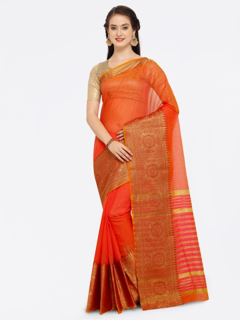 

Saree mall Orange Silk Blend Checked Chanderi Saree