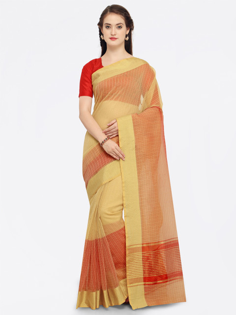 

Saree mall Beige & Red Striped Chanderi Saree