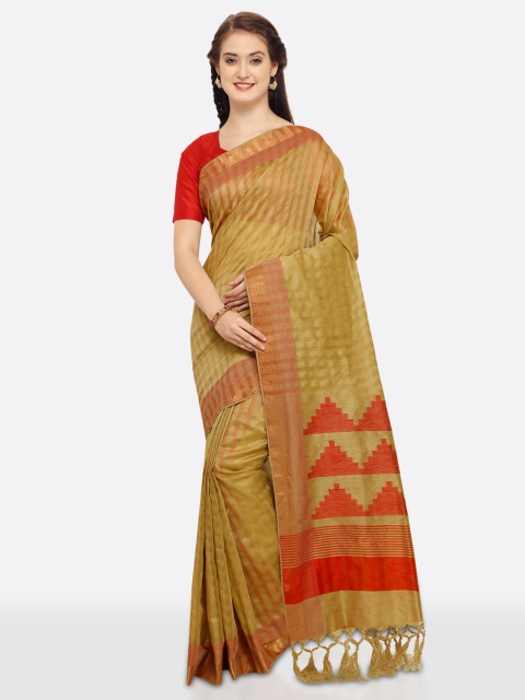 

Saree mall Beige & Olive Green Silk Blend Striped Chanderi Saree