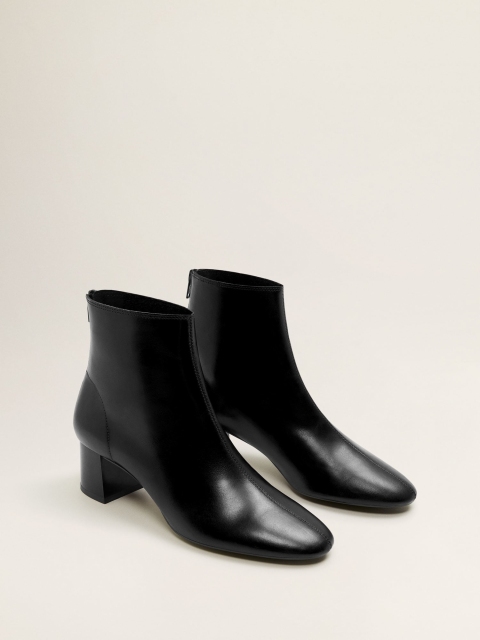 

MANGO Women Black Solid Leather Mid-Top Heeled Boots