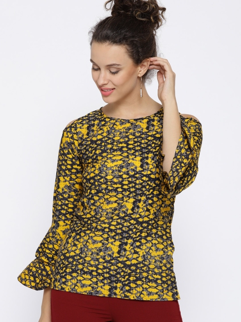 

Cottinfab Women Yellow & Black Printed Cold-Shoulder Top