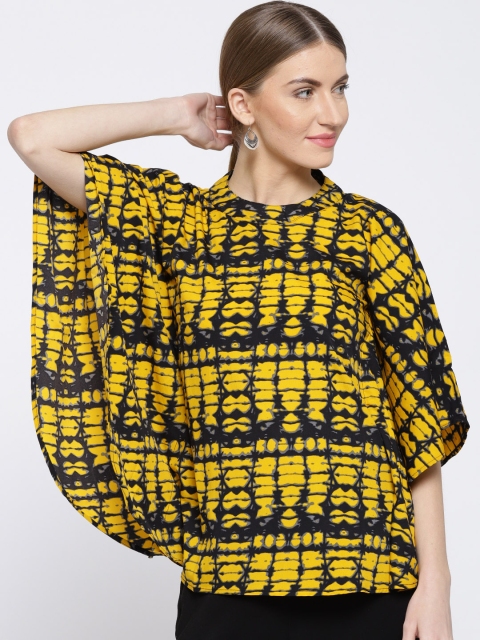 

Cottinfab Women Mustard Yellow & Black Printed Kaftan Top