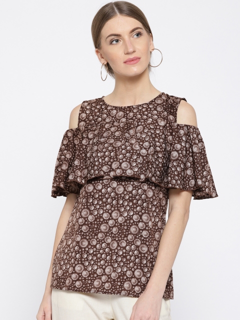 

Cottinfab Women Brown & White Printed A-Line Top