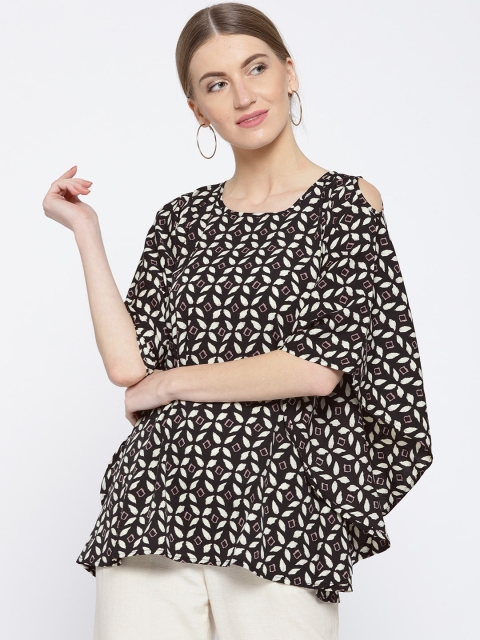 

Cottinfab Women Black & White Printed Cold-Shoulder Kaftan Top