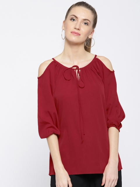 

Cottinfab Women Maroon Solid Cold-Shoulder Top