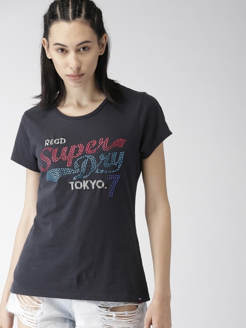 

Superdry Women Navy Blue Printed Round Neck T-shirt