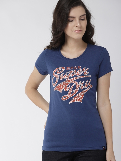 

Superdry Women Navy Blue Printed Round Neck T-shirt
