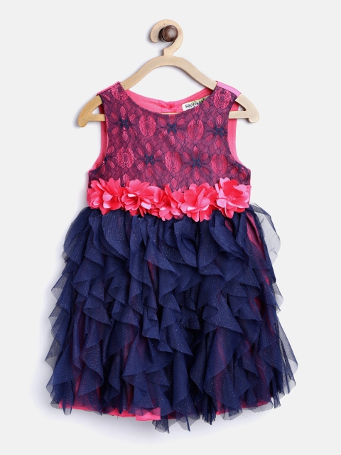 

Nauti Nati Girls Navy Blue Ruffled Fit & Flare Dress with Lace Detail