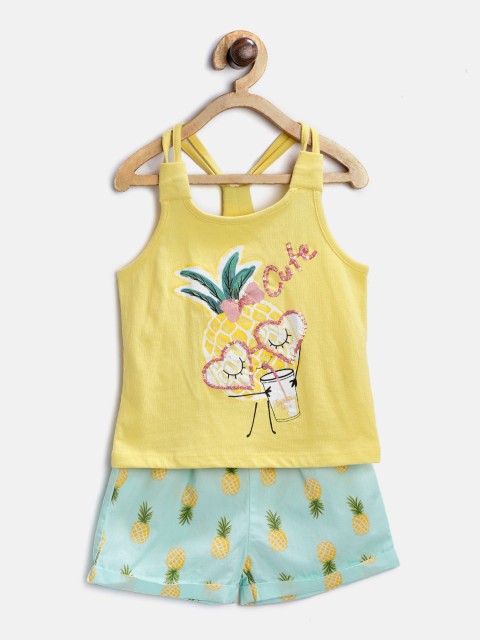 

Nauti Nati Girls Yellow & Mint Green Printed Top with Shorts