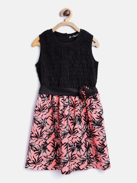

Nauti Nati Girls Black & Pink Printed Fit & Flare Dress with Smocking