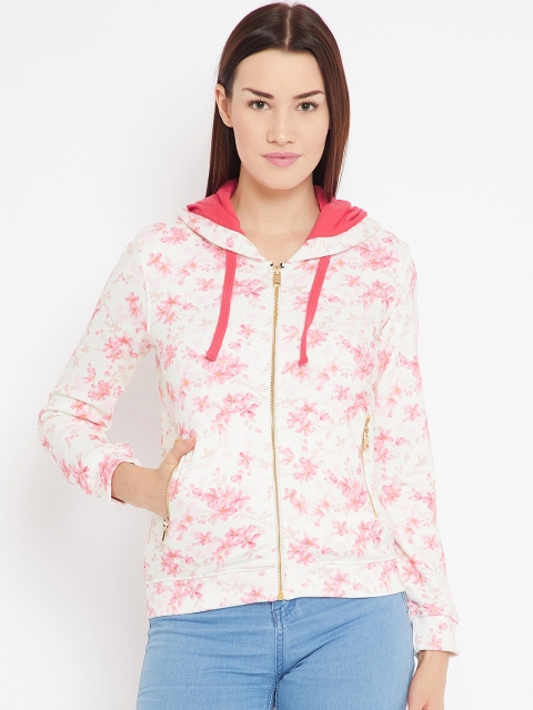 

METTLE Women Off-White & Pink Printed Hooded Sweatshirt